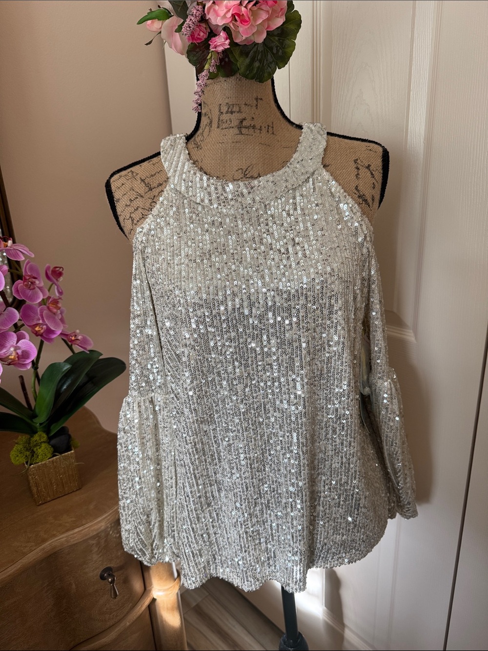 Sequined Cold-Shoulder Silver Party Top